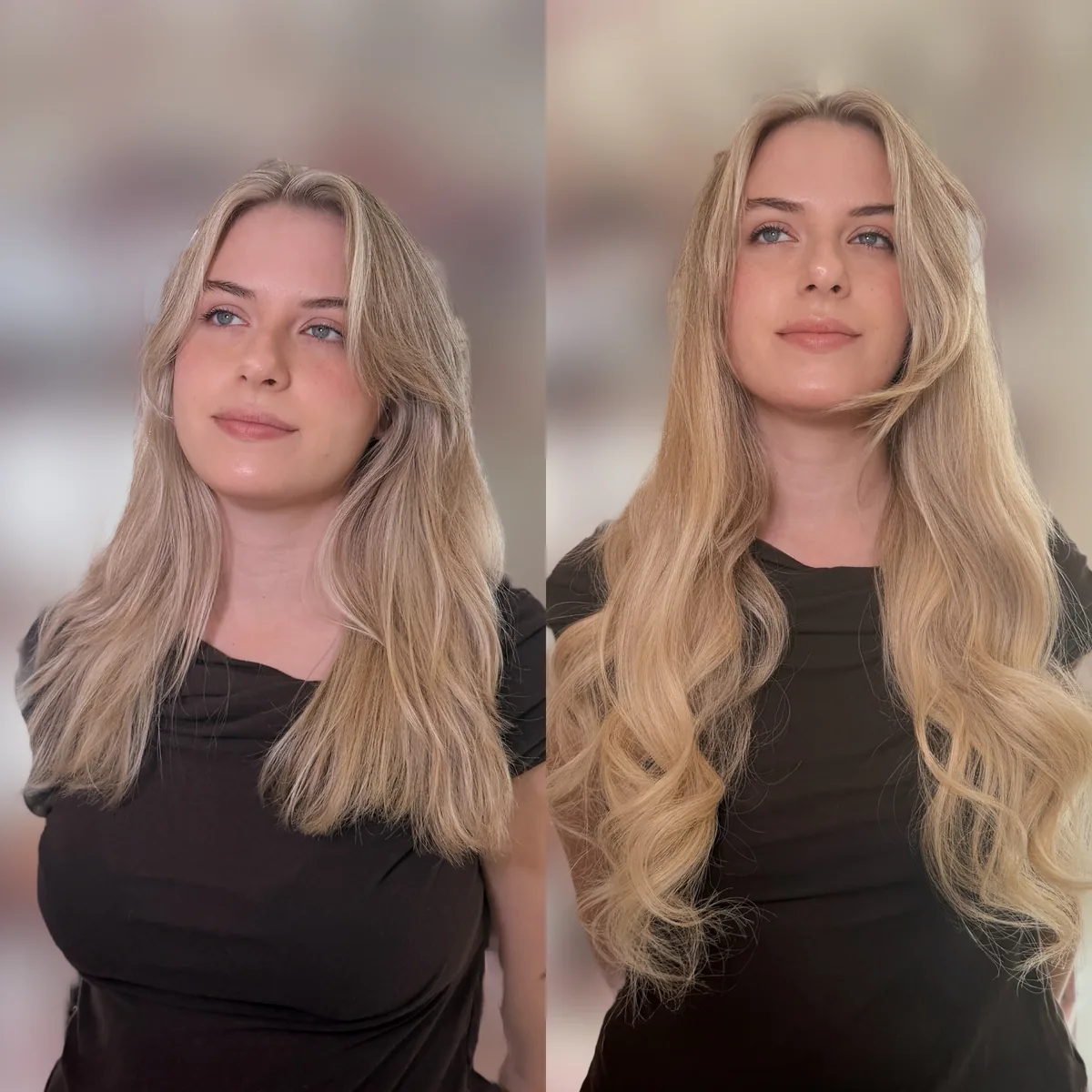 Efekt przed i po przedłużeniu włosów blond — fale