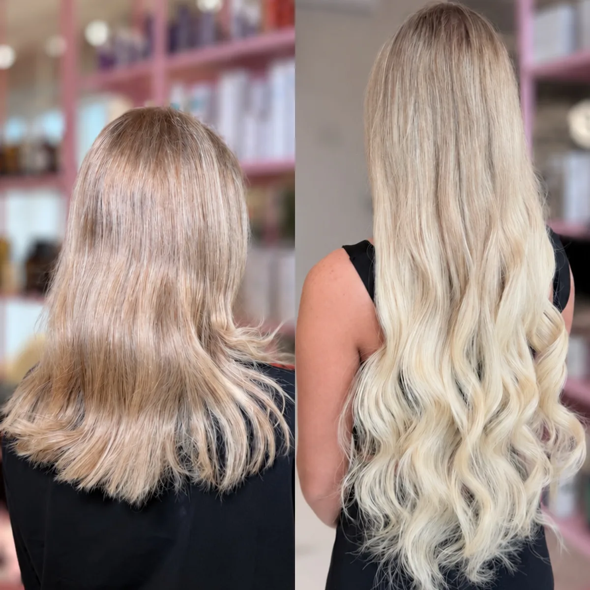 Efekt przed i po przedłużeniu włosów blond