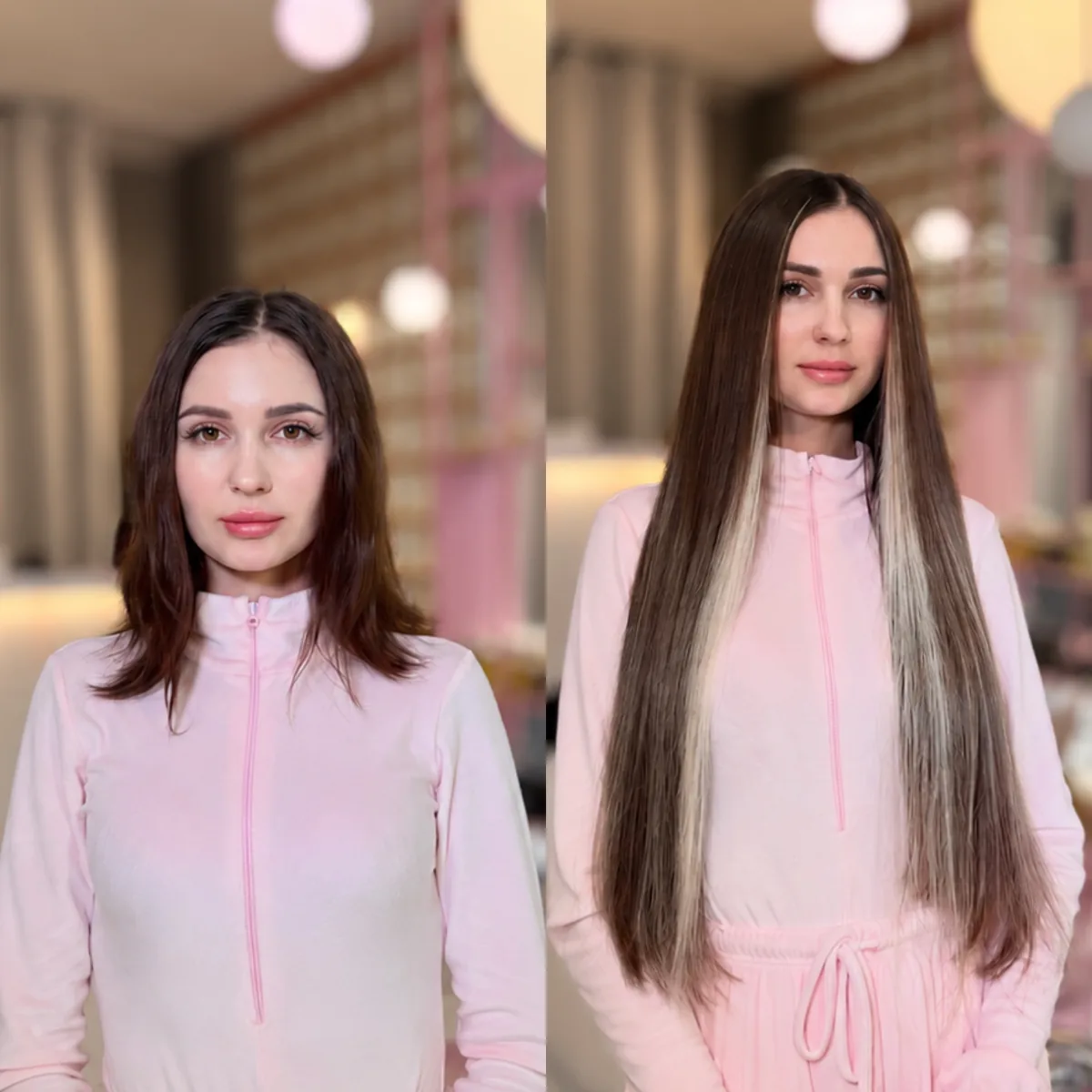 Efekt przed i po przedłużeniu włosów brunet z jasnymi pasmami