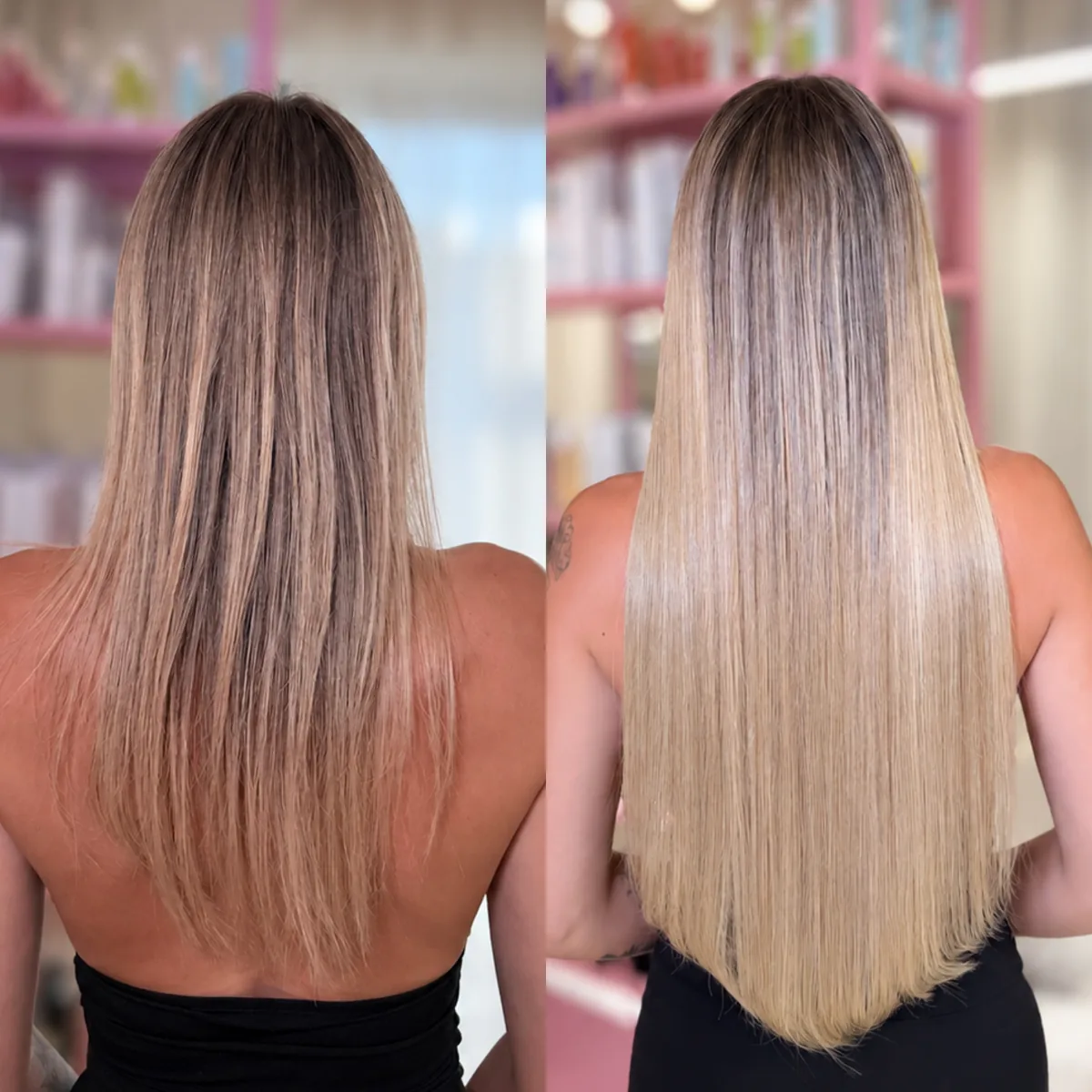 Efekt przed i po przedłużeniu prostych włosów blond